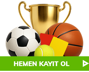 "Altın kupa ile futbol basketbol ve tenis toplarının yer aldığı kayıt ol butonu